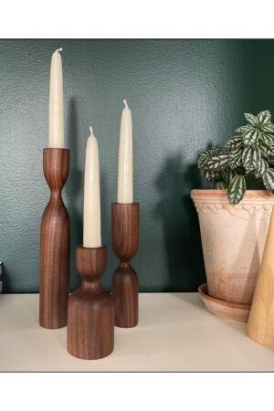 Skandinavisches 3er-Set Kerzenständer aus rotem Walnussholz, Kerzenhalter, minimalistisches skandinavisches Dekor, modernes Design, Walnuss, 3-teilig - WooDanica