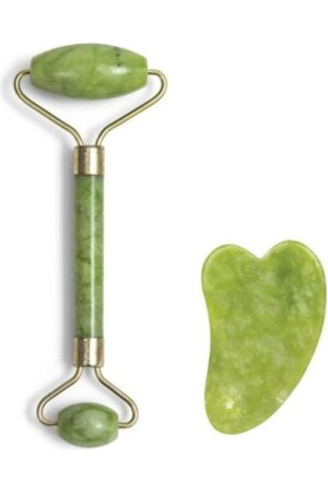 Skin Care Set of 2 (Natural Jade Stone Faceroller and Jade Heart Gua Sha Facial Massage Stone) - Sin@Rasta