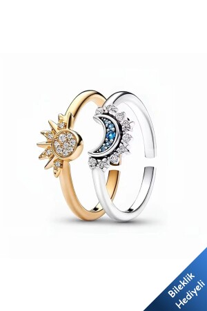 Sky Blue Sparkling Sun and Crescent Moon Adjustable Couple Friendship Lover Ring - The Collection