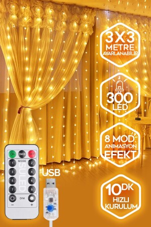 Sl-1034- 300 Ledli 10 Saçaklı Sarı Led Kumandalı 8 Modlu Perde Led Peri Mutfak Işık Dekoratif Lamba - Suled