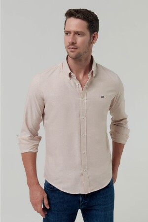 Slim Fit Bej Oxford Nakışlı Gömlek - D's Damat