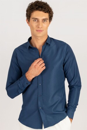 Slim Fit Easy Iron Sweat Absorbing Breathable Texture Tie Holder Four Seasons Navy Blue Men's Shirt - Tudors