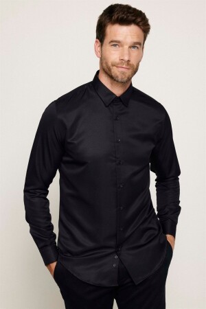 Slim Fit Kolay Ütü Teri Emen Nefes Alan Doku Kravatlık Dört Mevsim Siyah Erkek Gömlek - Tudors