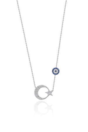 Small Size Crescent and Star Silver Necklace with Thin Chain Türkiye Flag Necklace Uc-207 - Aykat
