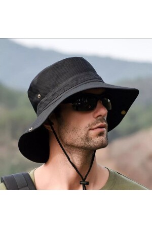 Snap Buttoned Hiking and Hunting Panama Hat (With Mesh) (Unisex) (Black) KBS20220 - Kardelen Butik Denizli