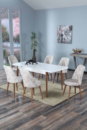 Snow Series White Extendable Dining and Kitchen Table Set with 6 Chairs - Cream - Morkese