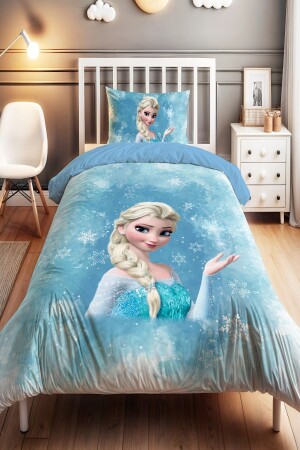 Snowflake Blue Elsa Patterned Single Baby Kids Duvet Cover Set - Evpanya
