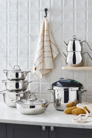 Sofia Induction Based 13 Piece Pressure Cooker Teapot Steel Dowry Set 153. 03. 07. 9171 - Karaca