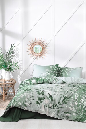 Soft Life Satin Double Duvet Cover Set Green Fronda EVTEKSTILI-540448 - Özdilek