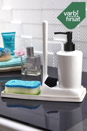 Soft Silicone Brushed Countertop Kitchen Bathroom Liquid Soap Dispenser Set Sponge Holder Cloth Set VARSBF01 - Varbifırsat