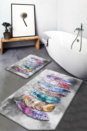 Soho Colorful Ethnic Feathers Patterned Washable Non-Slip Base 2-Piece Bathroom Rug Mop Toilet Set - Soho Halı