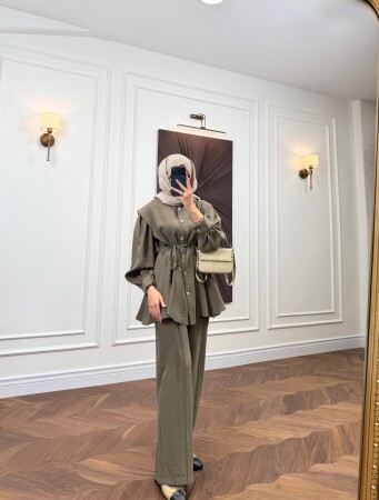 Sorlen Tie-Up Shirt Set - Khaki - Duendeca