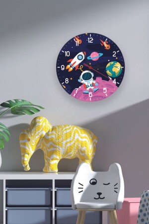 Space Rocket And Planet Kids Room Digital Printed Silent Flows Wall Clock - Genel Markalar