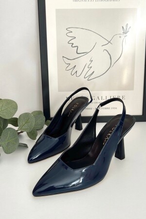 Spark Patent Leather Navy Blue Pointed Toe Back Open Stiletto Evening Dress Heels Women's Shoes - Polka Store