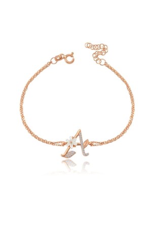 Sparkling Magnolia Flower Letter A Rose Silver Letter Bracelet - Mia Vento