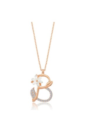 Sparkling Magnolia Flower Letter B Rose Color Silver Letter Necklace KL02832-MLV - Mia Vento