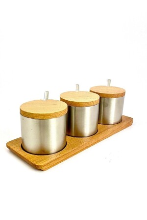 Spice Jar Set Stainless Steel Triple Spice Jar Wooden Stand Cafe Cafe Restaurant Lokanta 113 Ktkksmt113 - KT HOME