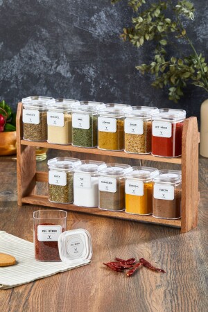 Spice Jar with 12 Jar 200 Ml, Spice Jar Set with Wooden Stand, 24 Pieces of Spice Labels TİLAMEAN 12 Jar - woodsy