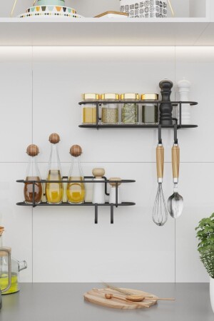 Spice Shakers Set of 2 Black Matte Metal Kitchen Shelf Bathroom Shelf Adhesive Hooked Salt Shaker Hanger Rack binogold11-s - Bino