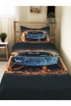 Sports Car Patterned Youth and Children Printed Single Pique Set 160x230 Colorful - Evmila