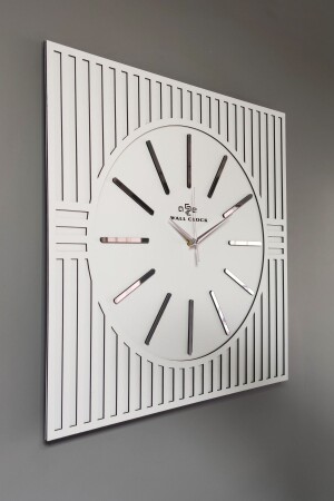 Square Line Patterned Mirror Plexi Decorative White & Silver Wall Clock kbs100sg - aSSe Tasarım