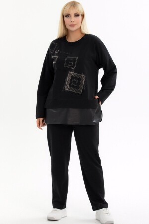 Square Stone Printed Skirt with Leather, Round Neck, Long Sleeve, Elastic Waist and Pocket Comfortable Tracksuit - Kheos