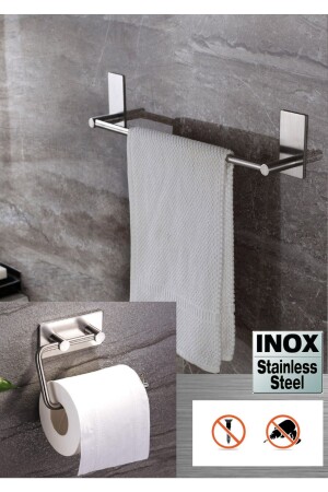 Stainless Steel Adhesive Towel Holder 40cm And Toilet Roll Holder Set Instant Assembly No Screws! - DELTAHOME