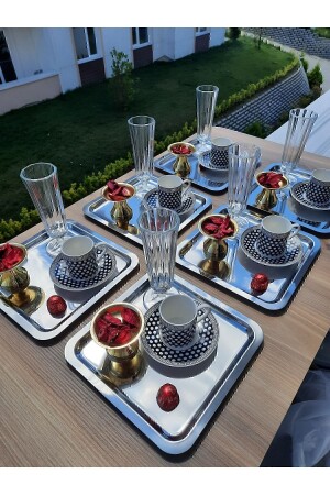 Stainless Steel Square 6 Piece Tea Coffee Serving Tray Without Accessories - Süslühome