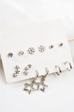 Star Design Snowflake Silver Colored Row of Stars 12 Unisex Earring Set - Euromoda