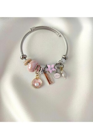 Steel Bracelet with Zircon Stone, Shell Charm and Pearl Detail - Almondmoda