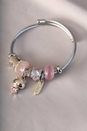 Steel Charm Bracelet Pink Colored Hello Kitty with Cat Figure - Simay Aksesuar
