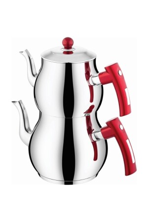 Steel Teapot Coral Model Medium Size Teapot Set Red EMRINTER44 - Genel Markalar