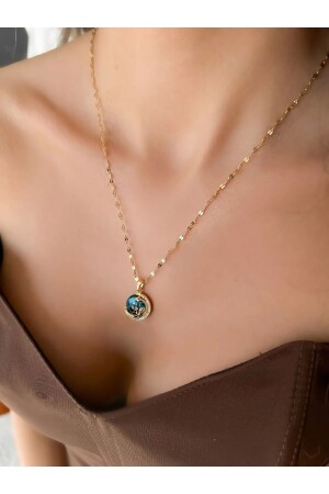 Steelqueen Women's 316l Stainless Steel Gold Zircon Stone Blue Crescent Earth Space Planet Necklace - Purplefly Jewels