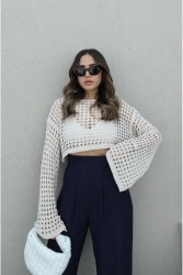 Steinfarbene durchbrochene Crop-Bluse Hblu332 - Havoş