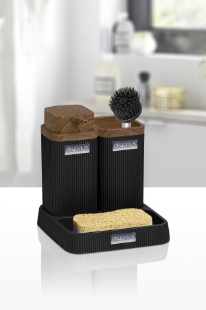 Stella Schwarz gemustertes Waschbecken-Set aus Holz OKY-465-3 - Okyanus Home