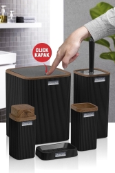 Stella Siyah Ahşap Desenli Çizgili 5'li Banyo Seti OKY-461-3 - Okyanus Home