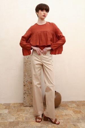 Stone Cotton Lycra Wide Leg Trousers with Slits on the Legs - Allday