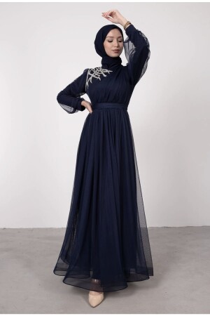 Stone Detailed Draped Belted Tulle Evening Dress TY316-42454343532 - Modarana