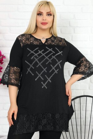 Stone Embroidered Neckline with Lace Sleeves and Hem, Short Sleeve Tunic - Kheos