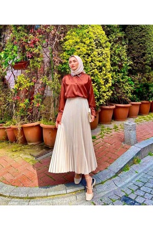 Stone Thin Pleated Leather Look Hijab Skirt - Allmira Fashion