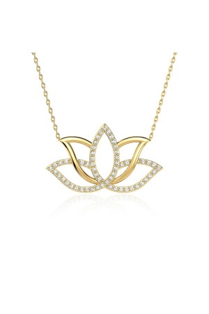 Stoned Lotus Flower Gold Plated Silver Necklace KL1677 - Indigo Takı