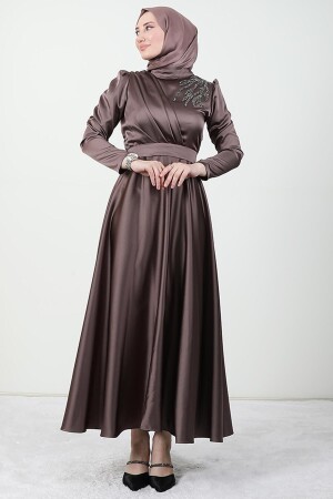 Stoned Shoulder Satin Evening Dress Dark Mink - Giza Giyim