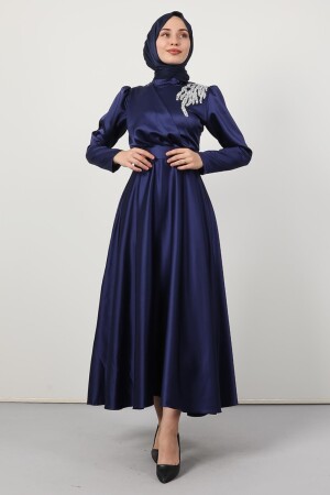 Stoned Shoulder Satin Evening Dress Navy Blue 5041610 - giz astore