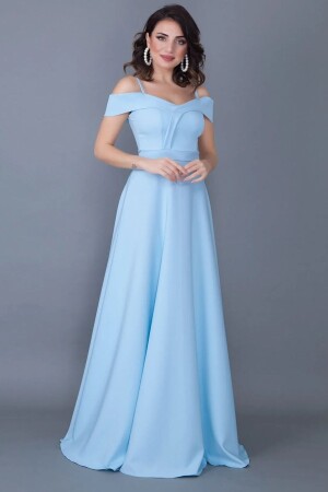 Strap Low Shoulder Double Breasted Collar Maxi Length Baby Blue Plus Size Evening Dress 342 - Lovebox