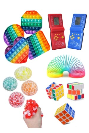Stress Relief Set 1 Popit 1 Intelligence Cube 1 Stress Spring 1 Brain Shaped Stress Ball 1 Tetris Atari RoseRoi-22RR5-6726 - RoseRoi