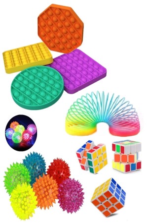 Stress Relief Set 1 Popit 1 Intelligence Cube 1 Stress Spring 1 Lighted Spiky Stress Ball - Roseroi