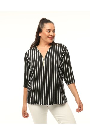 Stripe Pattern Collar Zippered Plus Size Blouse - Mjora