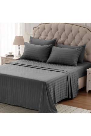 Striped Cotton Satin Double Duvet Cover Set Anthracite Cotton Satin VESSİNO202110001 - VESSİNOHOME