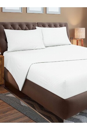 Striped Cotton Satin King Size Duvet Cover Set with Elastic Sheets Hotel White Color Cotton Luxury V2022NEV02 - VESSİNOHOME