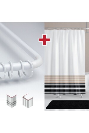 Striped Pattern Bath Curtain with Hanger Gift 180x200cm Single Wing White Shower Curtain - L Pipe with Gift - Tropikhome